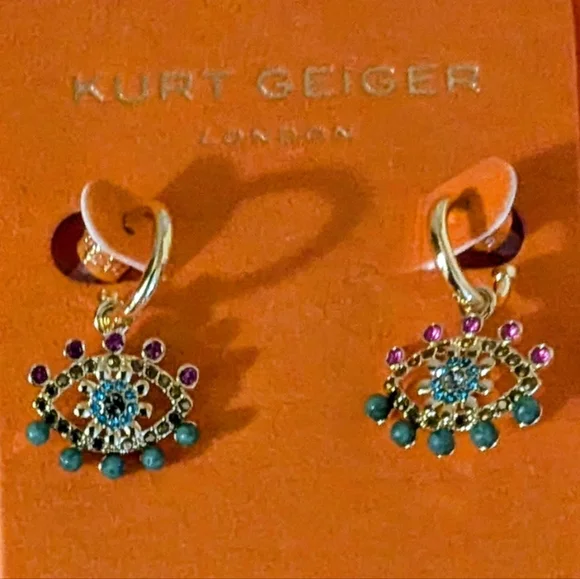 NWT Kurt Geiger Gold and Multicolor Gemstone Evil Eye Earrings - Picture 2 of 4